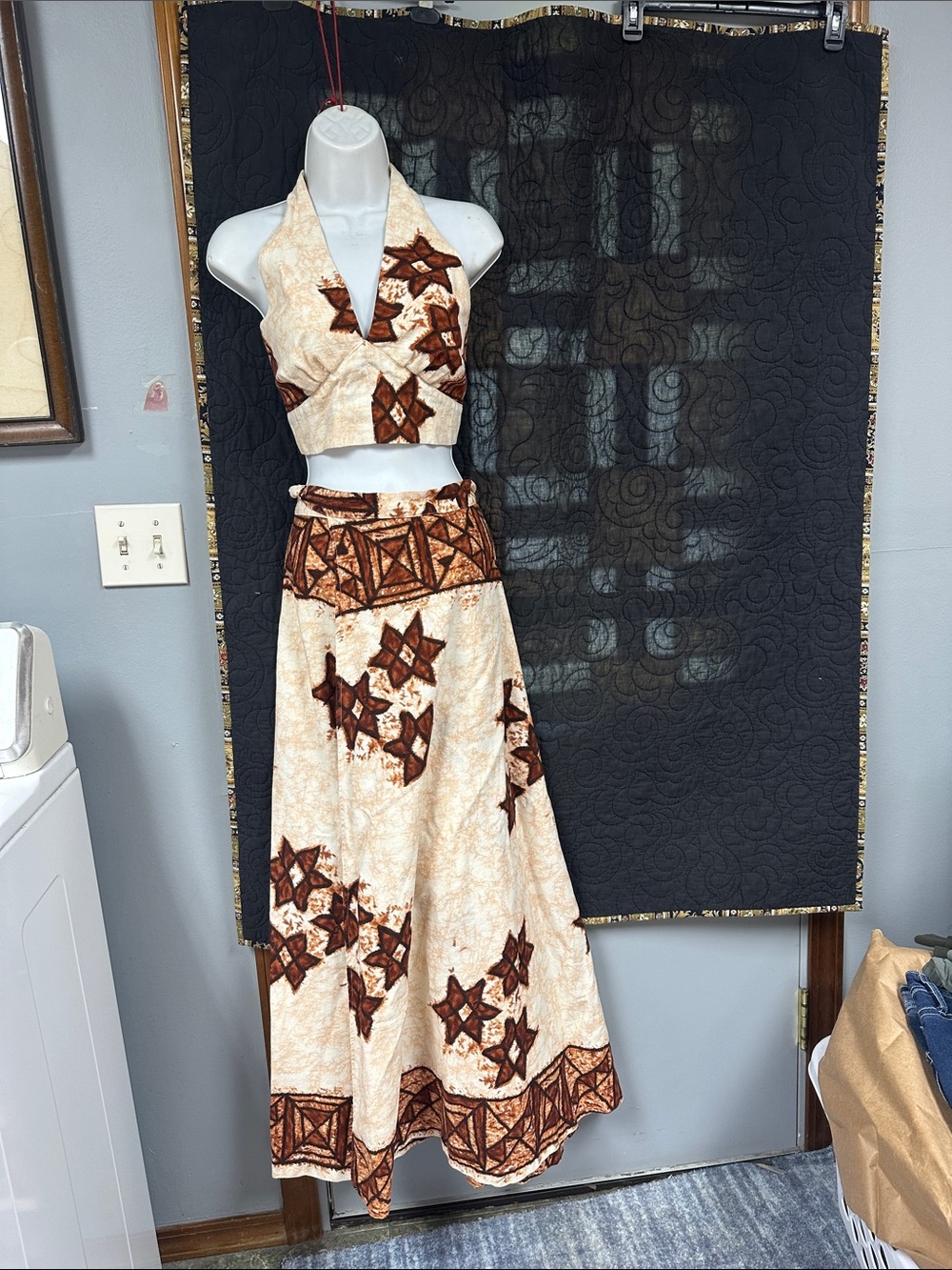 Women’s Beige and Brown Printed Halter Maxi Skirt - Brand Unspecified